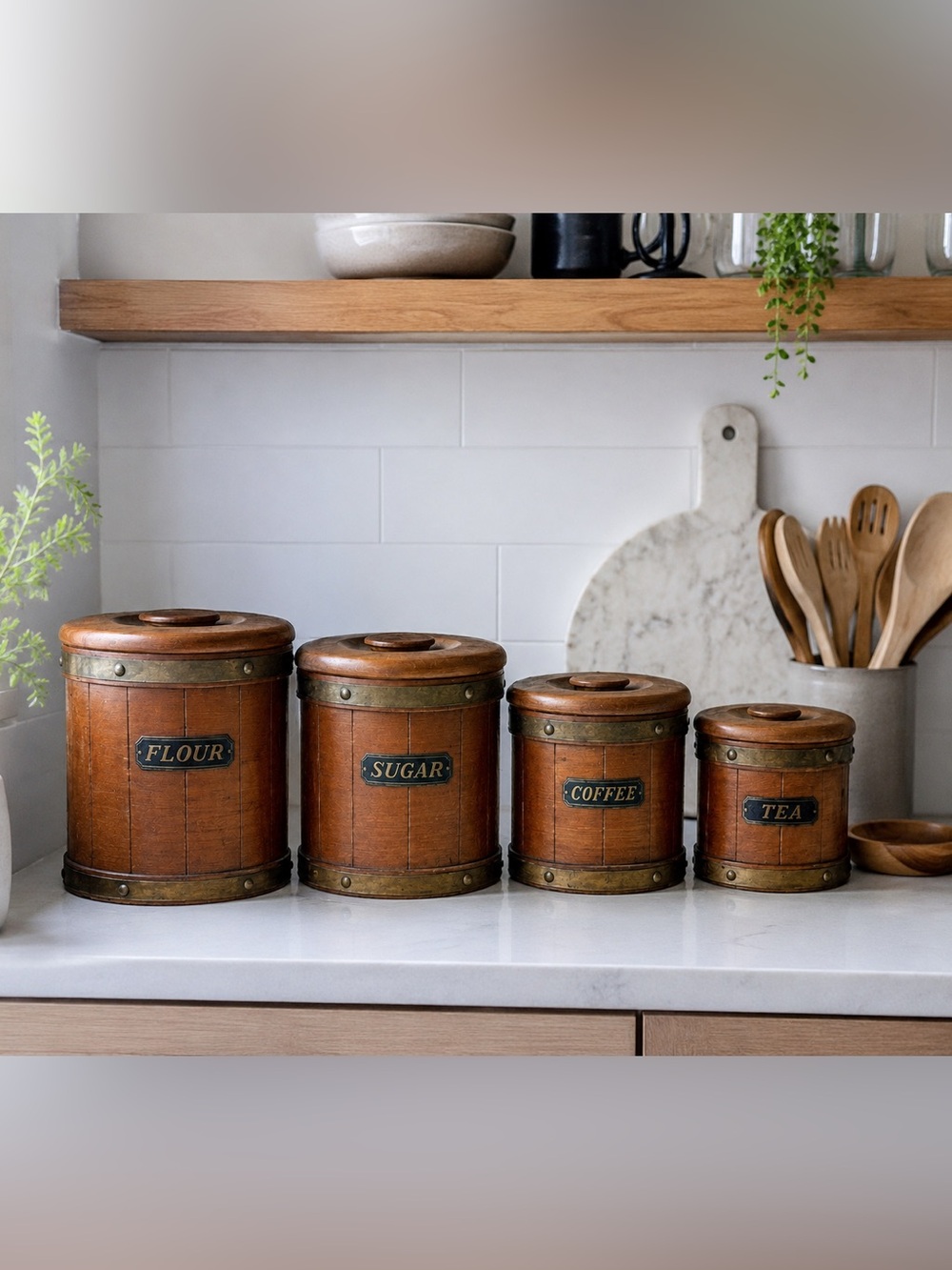 Vintage Mid Century Wooden Barrel Canister Set /mcm /rustic farmhouse